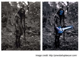 Cariou's original black and white photograph of a Rastafarian man standing on greenery is juxtaposed to the Prince's creation where the same man has some face features coloured in blue and holds an electric guitar that is also coloured blue