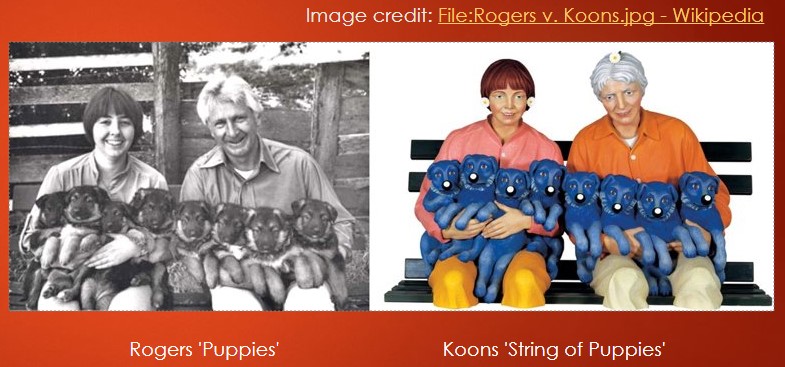 Roger's original black and white photograph portrays a young woman sitting beside an older man, together holding eight puppies on their laps. The juxtaposed image depicts Koon's creation of a 3D-coloured representation of the original photograph