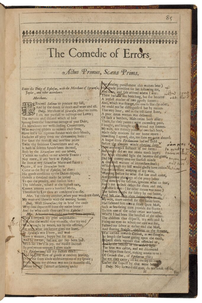 Annotated folio of William Shakespeare's The Comedy of Errors