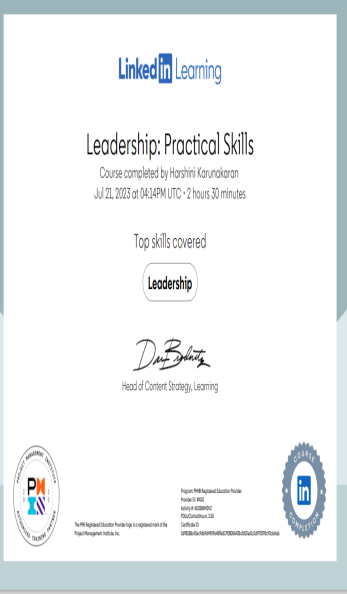 CERTIFICATE LEADERSHIP: PRACTICAL SKILLS – HARSHINI KARUNAKARAN